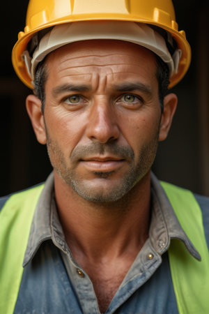 Close up of a worker wearing a hard hat and reflective vestの素材