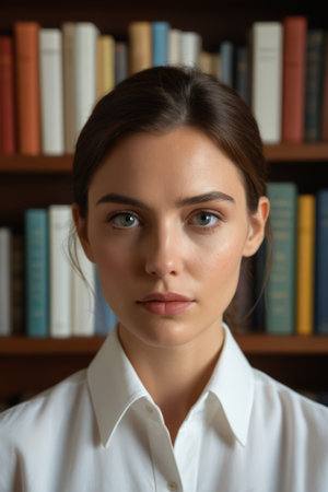 Portrait of young woman in front of bookshelfの素材