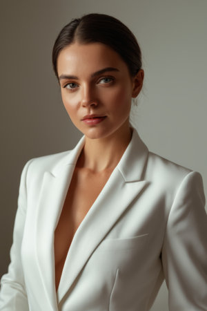 Portrait of young woman in white suitの素材