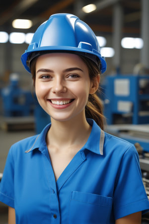 Factory worker smiles in hard hatの素材