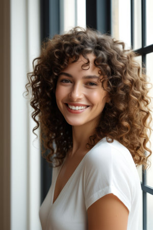 Portrait of a curly haired woman smilingの素材