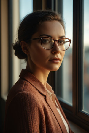 Portrait of a working woman wearing glasses by the windowの素材