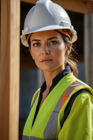 Women wearing hard hats and reflective vestsの素材