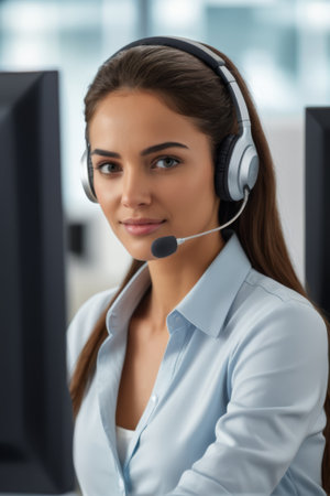 Customer service staff wear headphones to workの素材