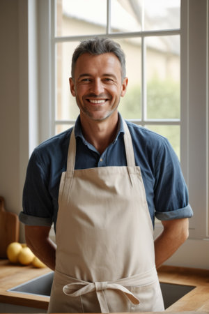 Smiling man in apron in kitchenの素材