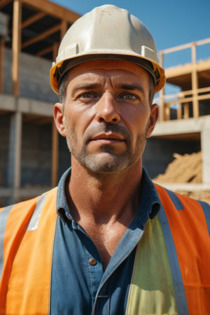 Close up of a male construction worker in front of a construction siteの素材