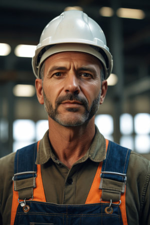 Portrait of factory worker wearing hard hatの素材