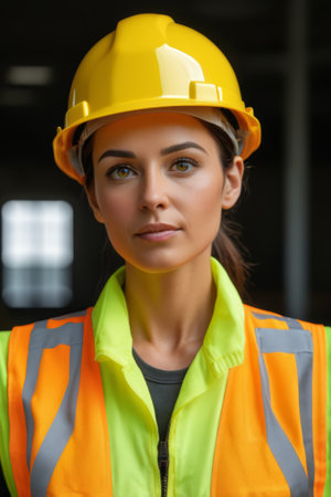 Women wearing hard hats and reflective vestsの素材