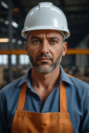 Front portrait of factory worker wearing hard hatの素材