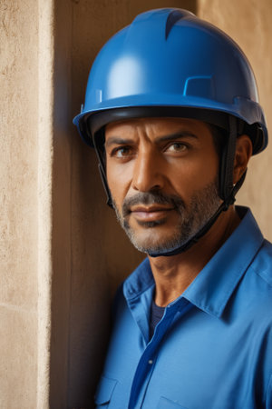 Close up portrait of a hard hat workerの素材