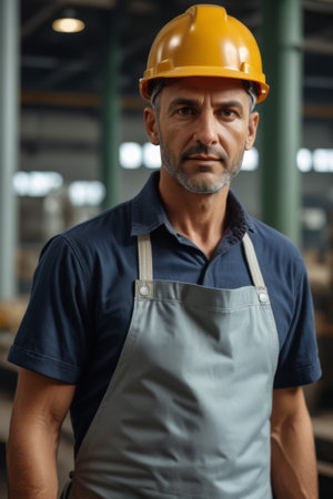 Factory workers wearing hard hatsの素材