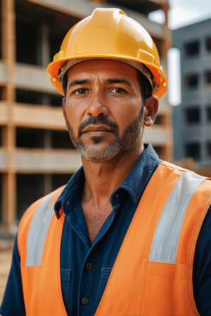 Close up portrait of a construction site workerの素材