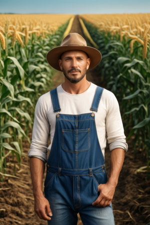 Farm farmer standing in cornfieldの素材