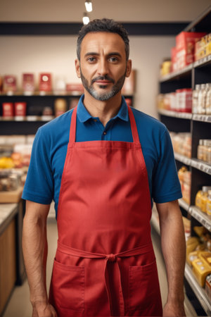 Front view of supermarket staff in apronsの素材