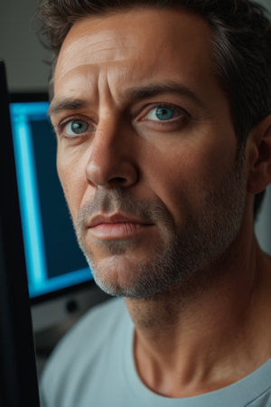 Close up of man's face staring at computer screenの素材