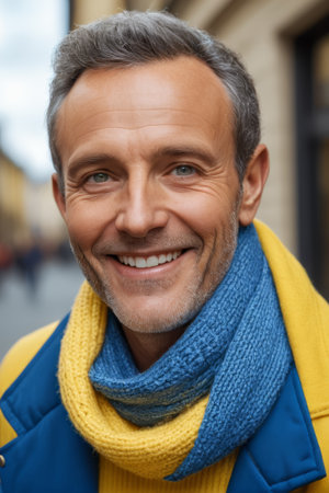 Portrait of smiling middle aged man outdoorsの素材