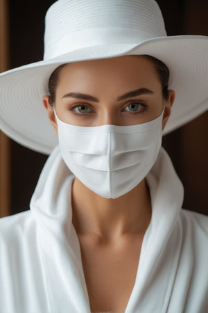 Portrait of a woman wearing a white hat and maskの素材