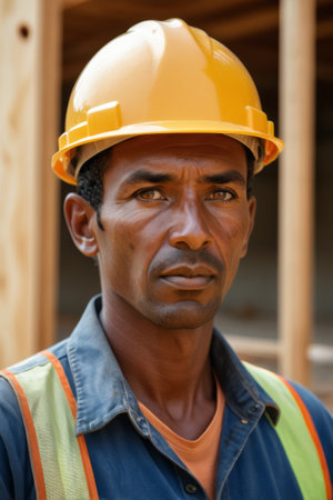 Close up of a construction worker wearing a hard hatの素材
