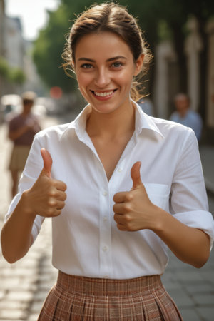 Outdoor smiling young woman gives thumbs upの素材