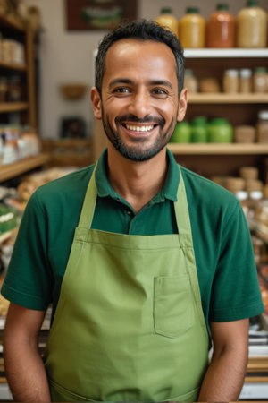 Smiling men in aprons in storesの素材