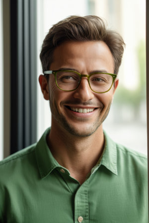Close up of smiling men wearing glassesの素材