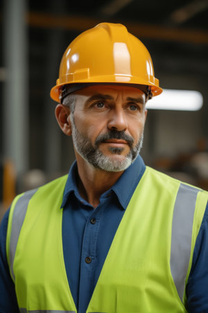 Workers wearing hard hats and reflective vestsの素材