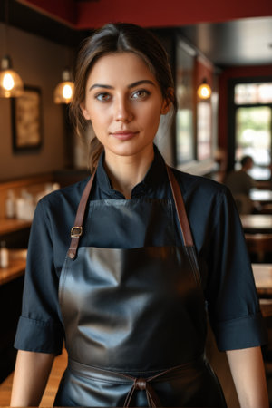 Portrait of young woman in apron inside restaurantの素材