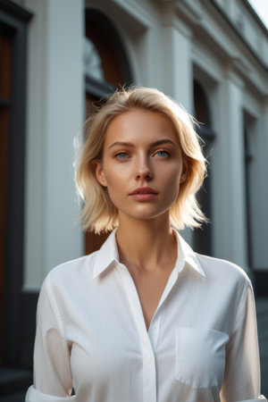 Portrait of young woman in white shirt outdoorsの素材