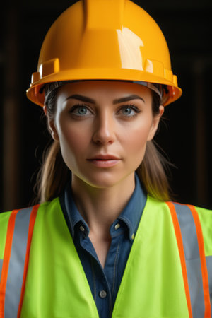 Women wearing hard hats and reflective vestsの素材