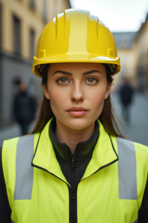 Women wearing hard hats and reflective vestsの素材