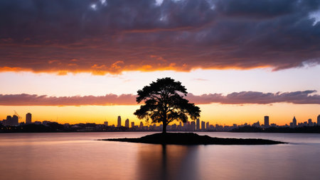 Lone trees by the lake and the city skyline at duskの素材