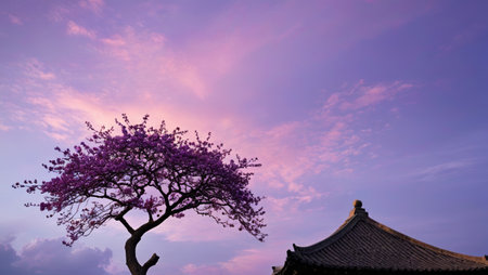 Purple trees in bloom next to the ancient buildingの素材