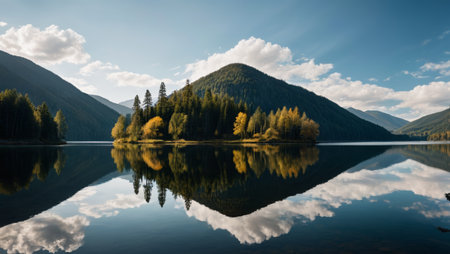 A tranquil lake surrounded by mountains, rivers and forestsの素材