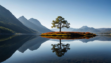 Lonely trees on a small island in the lake and reflections of distant mountainsの素材