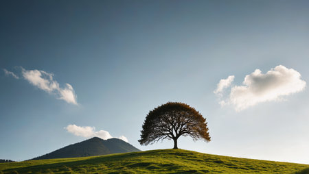 Lonely trees on the hills and blue sky and white cloudsの素材