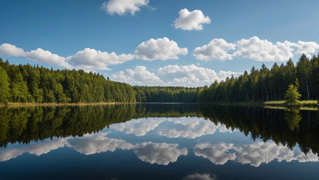 Forest lake and blue sky and white clouds reflecting landscapeの素材
