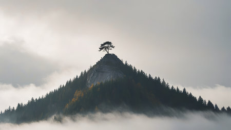 Lone tree cloud forest landscape on the top of the mountainの素材