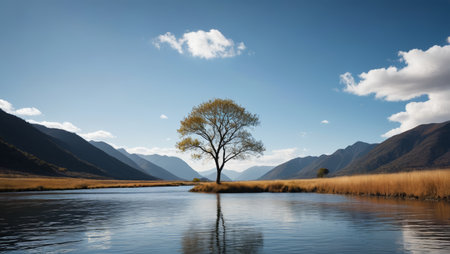Lonely trees by the lake and distant mountain sceneryの素材
