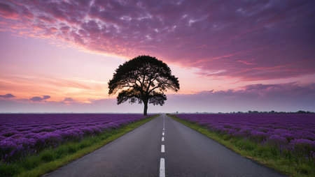 Roads and Lone Trees in a Sea of Purple Lavender Flowersの素材