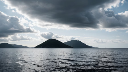 Distant mountains on the sea and cloudy skyの素材