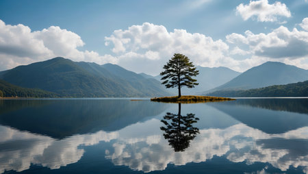 Lonely trees and landscape scenery on a small island in the center of the lakeの素材