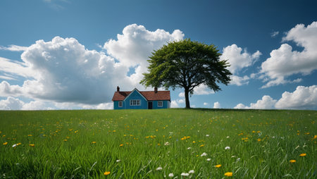Blue houses and big trees on the grasslandの素材
