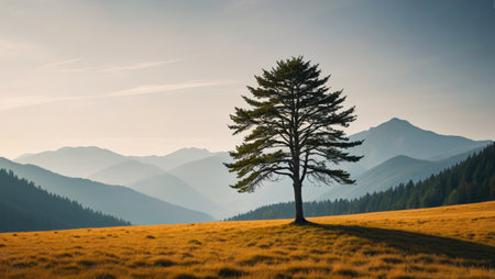 Lonely trees in the wilderness and distant mountain sceneryの素材
