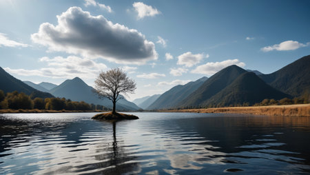 The landscape of the lone tree in the middle of the lakeの素材