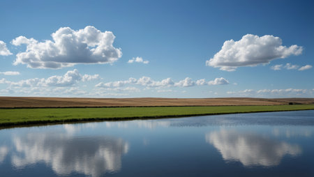 Grassland lakes and blue sky and white clouds landscapeの素材