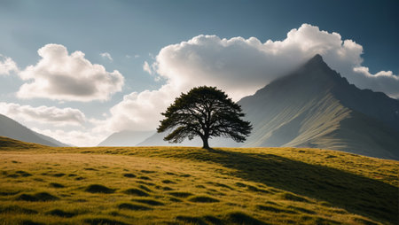 Lone trees on the grassland and distant mountain sceneryの素材