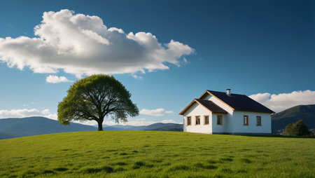 Single family cabins and large trees on the prairieの素材