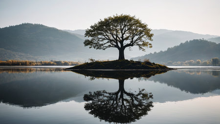 Lonely trees in the middle of the lake and reflections of distant mountainsの素材