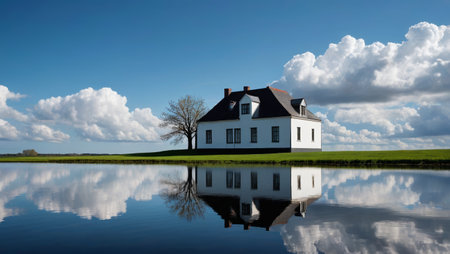 White House by the lake, blue sky reflecting landscapeの素材