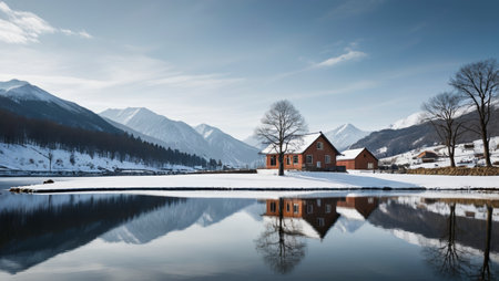 View of the red house on the lakeside in the mountains behind the snowの素材